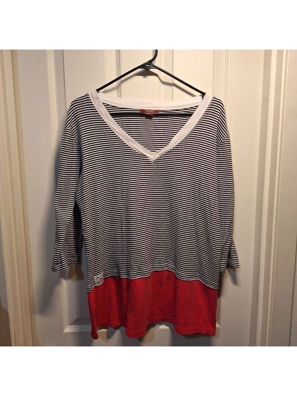 Chaps Black White Stripe Top Red Accent Large